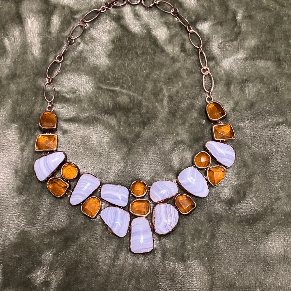 Artisan blue lace blue and Amber gemstones Statement Necklace